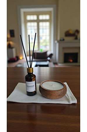 Pudra Mum&Koku Set-Ahşap Pamuk Fitil Bambu Oda Kokusu (50 ml)