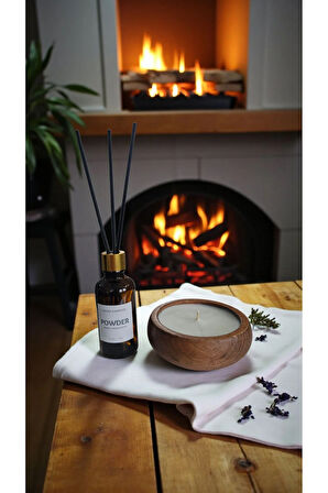 Pudra Mum&Koku Set-Ahşap Pamuk Fitil Bambu Oda Kokusu (50 ml)