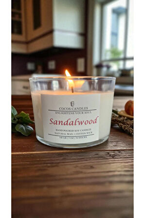 Sandal Ağacı Kokulu Doğal Soya Mum – Cam Bardakta Meditasyon ve Aromaterapi Mumu (140 gr, 30 Saat)