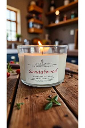 Sandal Ağacı Kokulu Doğal Soya Mum – Cam Bardakta Meditasyon ve Aromaterapi Mumu (140 gr, 30 Saat)