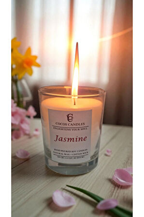 Cam Bardakta %100 Doğal Yasemin Kokulu Aromaterapi El Yapımı Soya Mum – 180 gr / 7x9 cm