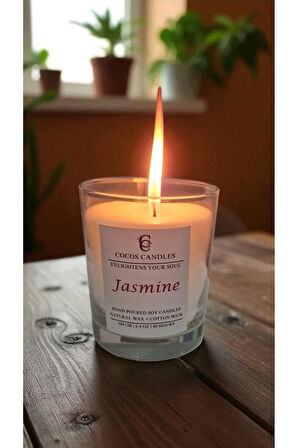 Cam Bardakta %100 Doğal Yasemin Kokulu Aromaterapi El Yapımı Soya Mum – 180 gr / 7x9 cm