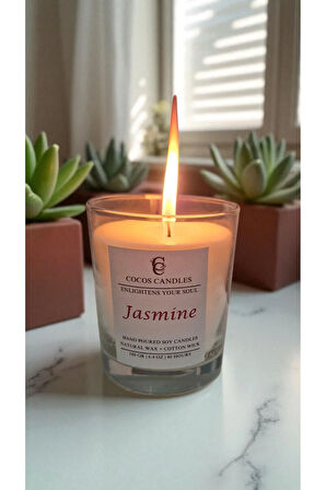 Cam Bardakta %100 Doğal Yasemin Kokulu Aromaterapi El Yapımı Soya Mum – 180 gr / 7x9 cm