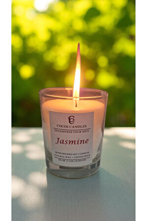 Cam Bardakta %100 Doğal Yasemin Kokulu Aromaterapi El Yapımı Soya Mum – 180 gr / 7x9 cm