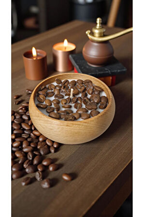 Kahve Tutkunlarına Özel Ahşap Mumlukta Kahve Kokulu & Kahve Çekirdekli %100 Doğal Soya Mum