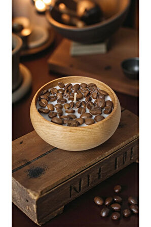 Kahve Tutkunlarına Özel Ahşap Mumlukta Kahve Kokulu & Kahve Çekirdekli %100 Doğal Soya Mum