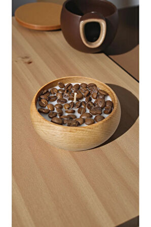 Kahve Tutkunlarına Özel Ahşap Mumlukta Kahve Kokulu & Kahve Çekirdekli %100 Doğal Soya Mum