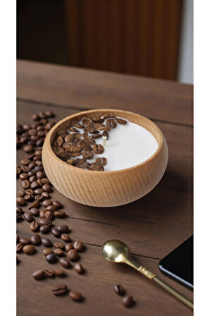 Kahve Tutkunlarına Özel Ahşap Mumlukta Kahve Kokulu & Kahve Çekirdekli %100 Doğal Soya Mum