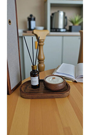 Kahve Mum&Koku Set-Ahşap Tabak Ahşap Fitil Bambu Oda Kokusu (50 ml)