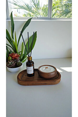 Kahve Mum&Koku Set-Ahşap Tabak Ahşap Fitil Bambu Oda Kokusu (50 ml)