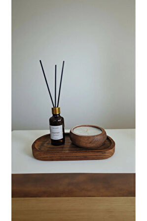 Kahve Mum&Koku Set-Ahşap Tabak Pamuk Fitil Bambu Oda Kokusu (50 ml)