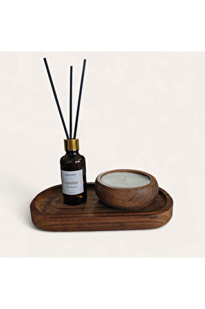 Kahve Mum&Koku Set-Ahşap Tabak Pamuk Fitil Bambu Oda Kokusu (50 ml)