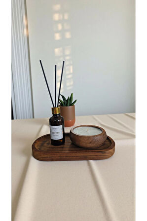 Kahve Mum&Koku Set-Ahşap Tabak Pamuk Fitil Bambu Oda Kokusu (50 ml)