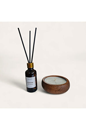 Kahve Mum&Koku Set-Ahşap Pamuk Fitil Bambu Oda Kokusu (50 ml)