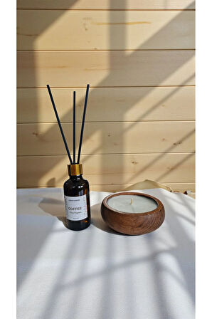 Kahve Mum&Koku Set-Ahşap Pamuk Fitil Bambu Oda Kokusu (50 ml)