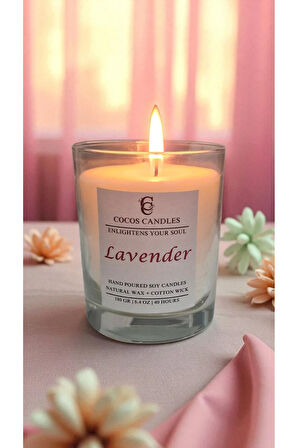 Cam Bardakta %100 Doğal Lavanta Aromaterapi El Yapımı Soya Mum – 180 gr / 7x9 cm