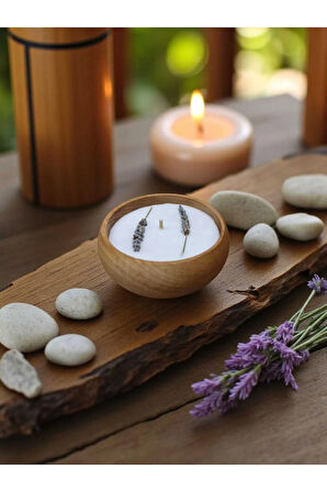 Aromaterapi Serisi Lavanta Bitkili Ahşap Kasede %100 Doğal Soya Mum
