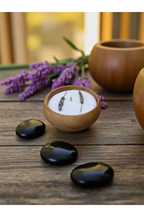 Aromaterapi Serisi Lavanta Bitkili Ahşap Kasede %100 Doğal Soya Mum