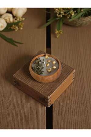 Spiritüel Seri Üzerlik ve Lavanta Doğal Soya Mum | Ahşap Mumluk | Rahatlatıcı ve Arındırıcı
