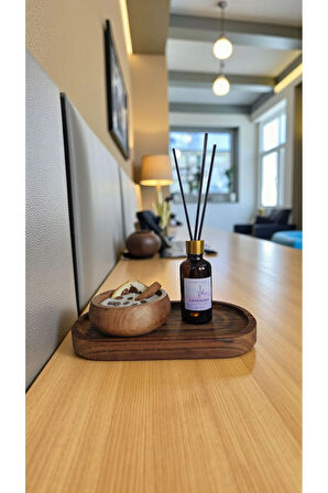 Lavanta Mum&Koku Set-Ahşap Tabak Pamuk Fitil Bambu Oda Kokusu (50 ml) Tarçın-Kahve