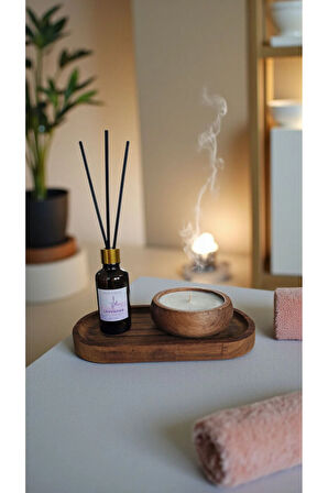 Lavanta Mum&Koku Set-Ahşap Tabak Pamuk Fitil Bambu Oda Kokusu (50 ml)