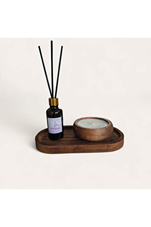 Lavanta Mum&Koku Set-Ahşap Tabak Pamuk Fitil Bambu Oda Kokusu (50 ml)