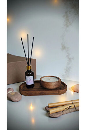 Lavanta Mum&Koku Set-Ahşap Tabak Pamuk Fitil Bambu Oda Kokusu (50 ml)