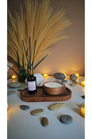 Lavanta Mum&Koku Set-Ahşap Tabak Pamuk Fitil Bambu Oda Kokusu (50 ml)