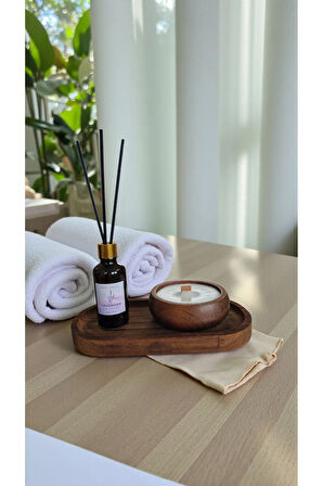Lavanta Mum&Koku Set-Ahşap Tabak Ahşap Fitil Bambu Oda Kokusu (50 ml)