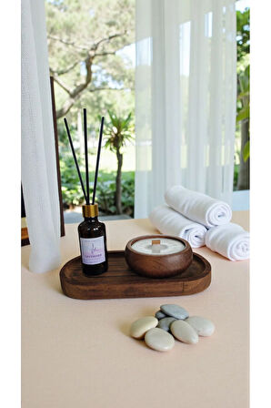 Lavanta Mum&Koku Set-Ahşap Tabak Ahşap Fitil Bambu Oda Kokusu (50 ml)