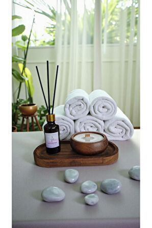 Lavanta Mum&Koku Set-Ahşap Tabak Ahşap Fitil Bambu Oda Kokusu (50 ml)