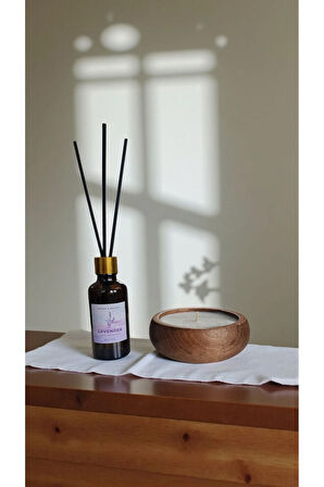 Lavanta Mum&Koku Set-Ahşap Pamuk Fitil Bambu Oda Kokusu (50 ml)