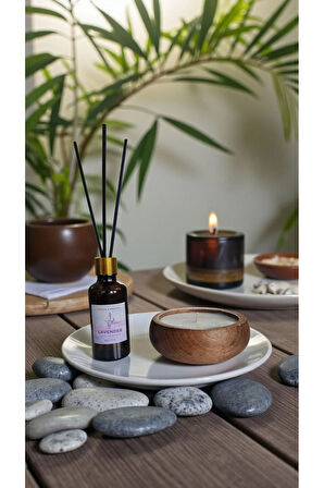 Lavanta Mum&Koku Set-Ahşap Pamuk Fitil Bambu Oda Kokusu (50 ml)