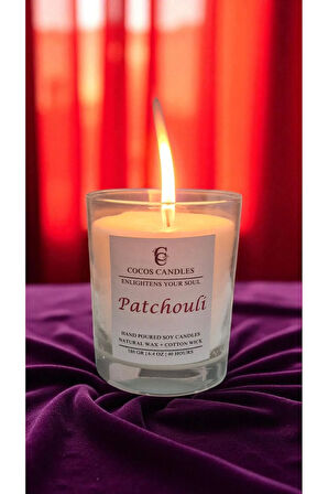 Cam Bardakta %100 Doğal Patchouli (Paçuli) Kokulu Aromaterapi El Yapımı Soya Mum – 180 gr / 7x9 cm