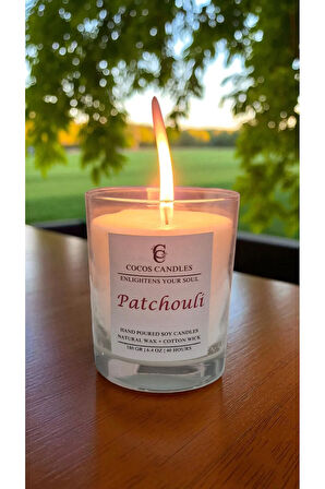 Cam Bardakta %100 Doğal Patchouli (Paçuli) Kokulu Aromaterapi El Yapımı Soya Mum – 180 gr / 7x9 cm
