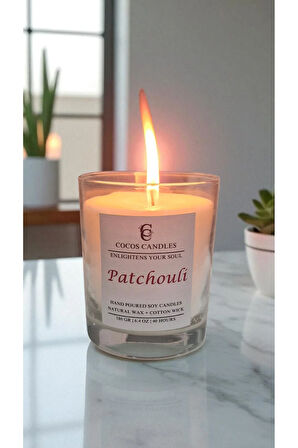 Cam Bardakta %100 Doğal Patchouli (Paçuli) Kokulu Aromaterapi El Yapımı Soya Mum – 180 gr / 7x9 cm