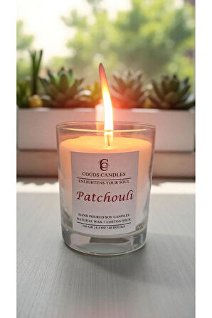 Cam Bardakta %100 Doğal Patchouli (Paçuli) Kokulu Aromaterapi El Yapımı Soya Mum – 180 gr / 7x9 cm