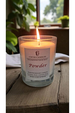 Cam Bardakta %100 Doğal Pudra Kokulu Aromaterapi Soya Mum – El Yapımı, 180 gr, 40 Saat