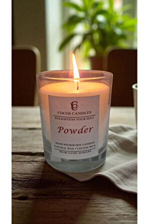 Cam Bardakta %100 Doğal Pudra Kokulu Aromaterapi Soya Mum – El Yapımı, 180 gr, 40 Saat