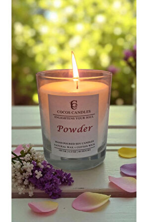 Cam Bardakta %100 Doğal Pudra Kokulu Aromaterapi Soya Mum – El Yapımı, 180 gr, 40 Saat