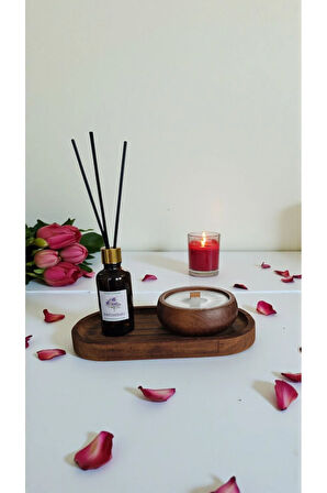 Paçuli Mum&Koku Set-Ahşap Tabak Ahşap Fitil Bambu Oda Kokusu (50 ml)