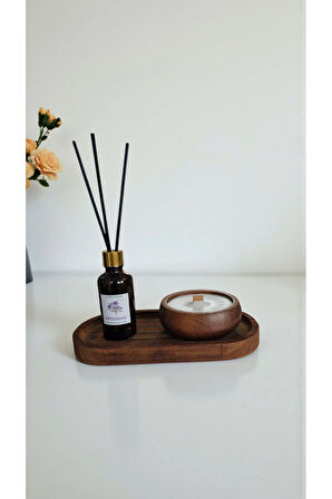 Paçuli Mum&Koku Set-Ahşap Tabak Ahşap Fitil Bambu Oda Kokusu (50 ml)