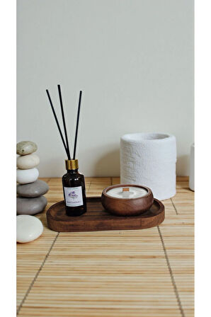 Paçuli Mum&Koku Set-Ahşap Tabak Ahşap Fitil Bambu Oda Kokusu (50 ml)