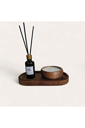 Paçuli Mum&Koku Set-Ahşap Tabak Pamuk Fitil Bambu Oda Kokusu (50 ml)