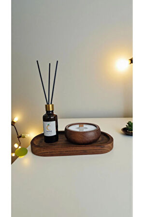 Portakal Mum&Koku Set-Ahşap Tabak Ahşap Fitil Bambu Oda Kokusu (50 ml)