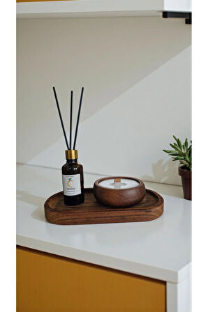 Portakal Mum&Koku Set-Ahşap Tabak Ahşap Fitil Bambu Oda Kokusu (50 ml)