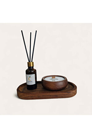 Portakal Mum&Koku Set-Ahşap Tabak Ahşap Fitil Bambu Oda Kokusu (50 ml)