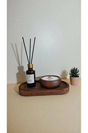 Portakal Mum&Koku Set-Ahşap Tabak Ahşap Fitil Bambu Oda Kokusu (50 ml)