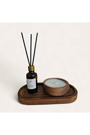 Portakal Mum&Koku Set-Ahşap Tabak Pamuk Fitil Bambu Oda Kokusu (50 ml)