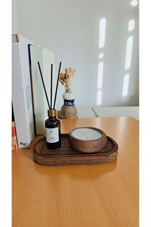 Portakal Mum&Koku Set-Ahşap Tabak Pamuk Fitil Bambu Oda Kokusu (50 ml)